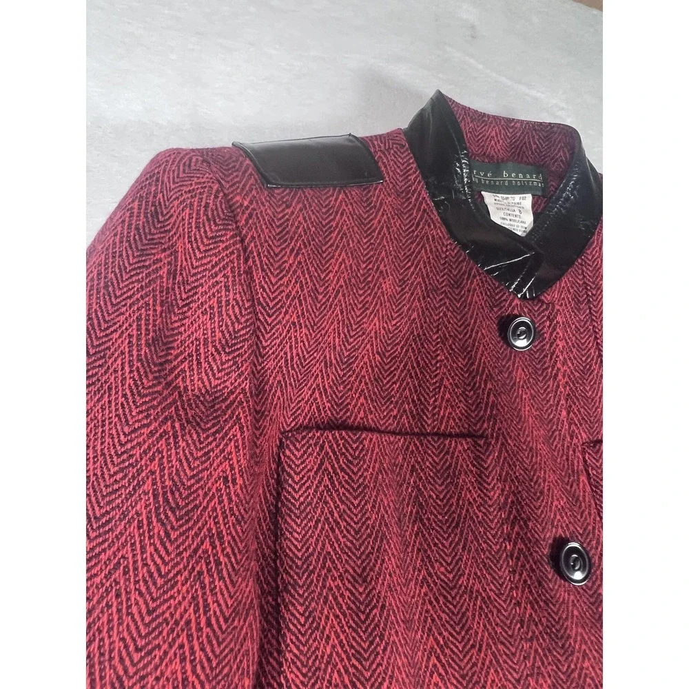 Harve Benard Coat Womens 8 Red‎ Wool Herringbone Faux Leather Trim Mid Length